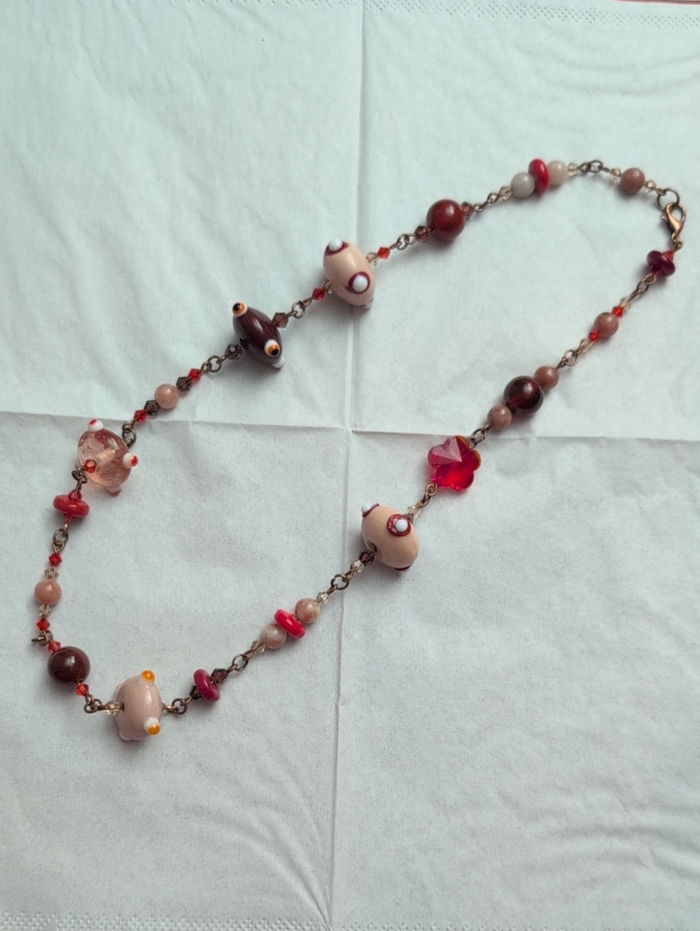 Handcrafted Hand blown Glass, Ceramic, Agate Jasper Beaded Women's Necklace 18"